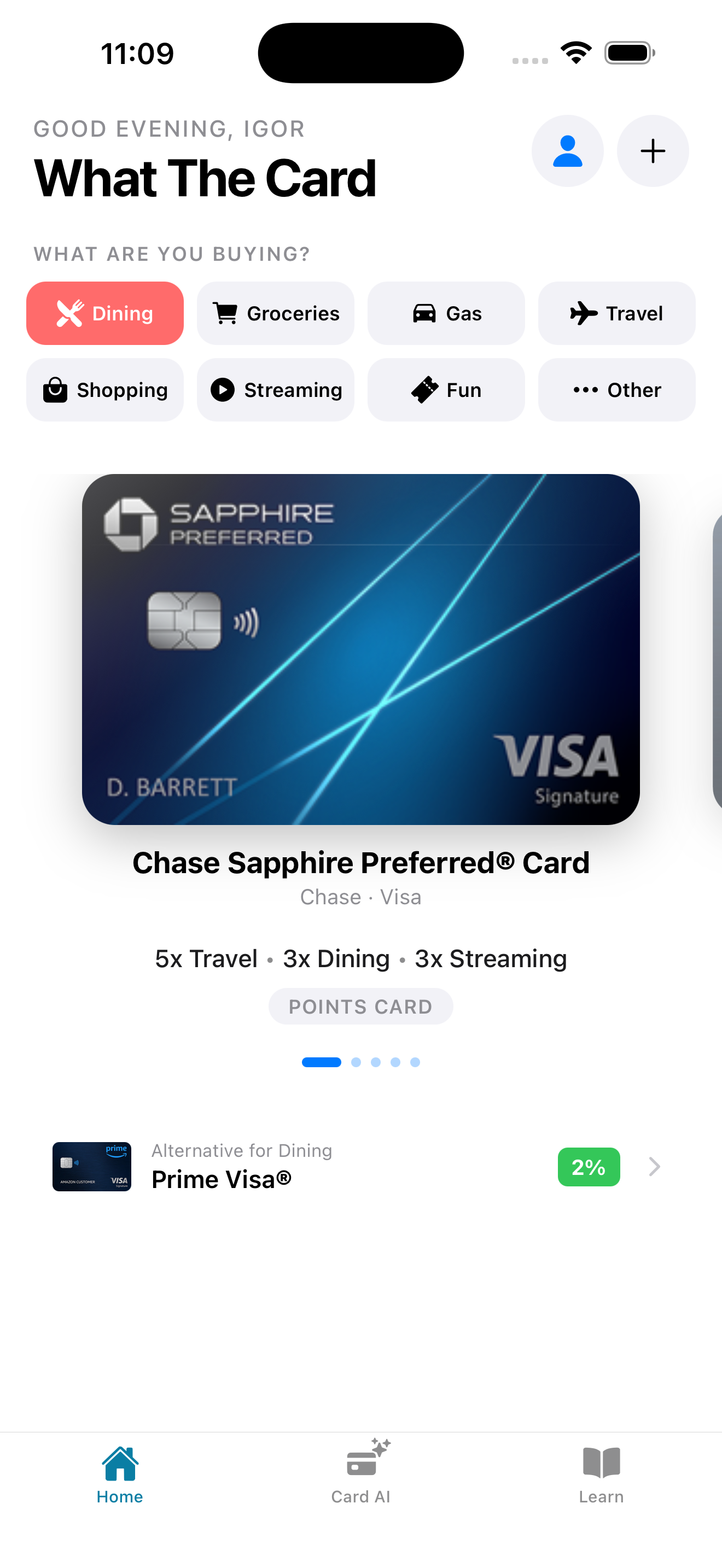 What The Card home screen showing card recommendations