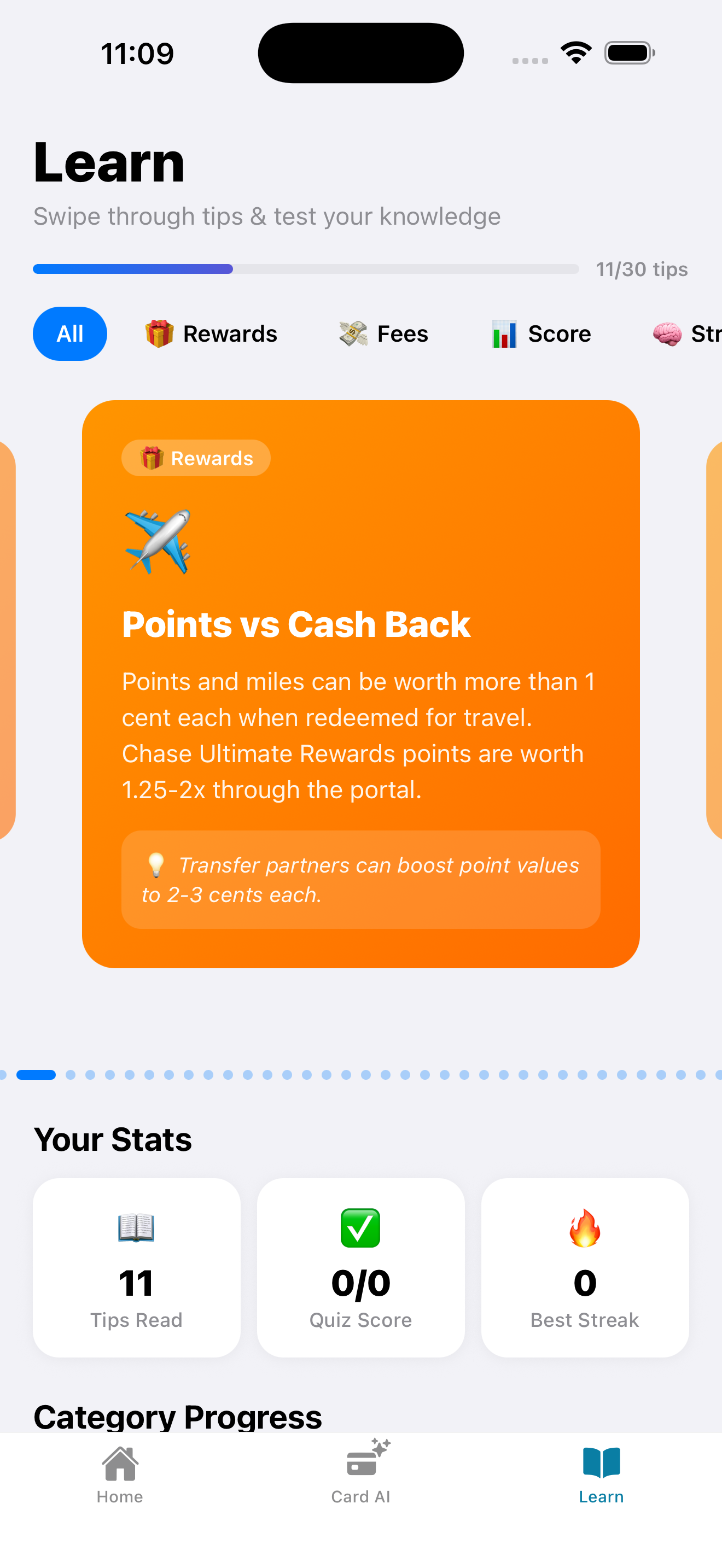 What The Card learn screen with tips and quizzes